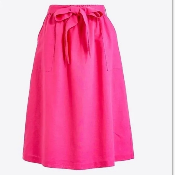 SOLD!  J Crew Pull-On Bow Midi Skirt Linen Blend Wild Berry Pink Pockets Large - Picture 2 of 16